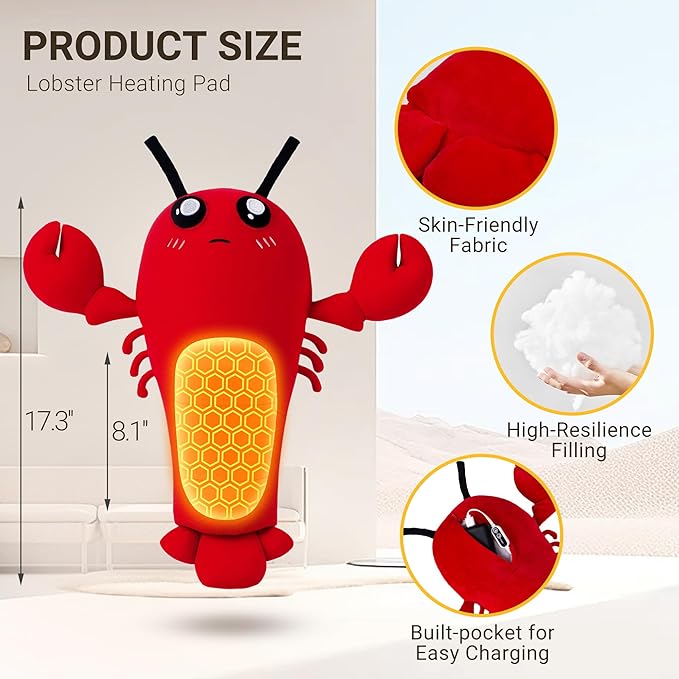 Crustacean Lobster Heating Pad for Period Cramps, Heated Stuffed Animal, Portable USB Electric Heating Pad with Auto Shut Off, Warm Plushie for Belly Back Shoulder Pain Relief, Gift for Mom Women