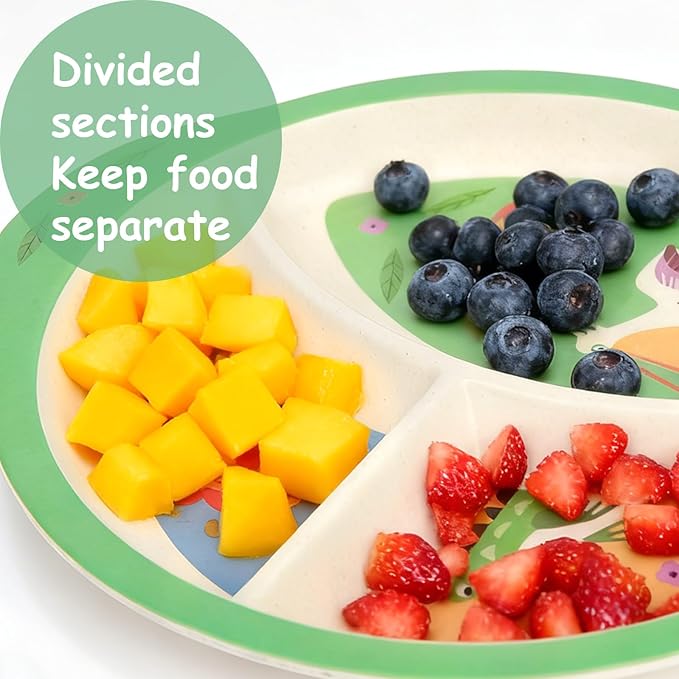 Kids Dinnerware Set, 5-Piece Mealtime Tableware for Children & Toddlers – Includes Divided Plate, Bowl, Cup, Fork & Spoon – Natural Bamboo Fiber, BPA-Free, Dishwasher Safe (Forest Animal)