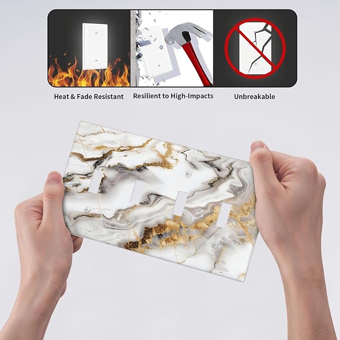 Luxurious Marble Abstract White Gold Tile Modern Simplicity Light Switch Covers Quad Toggle Electrical Faceplate 4 Gang Wall Plate Decorative Switch Plates Cover for Bathroom Kitchen Decor