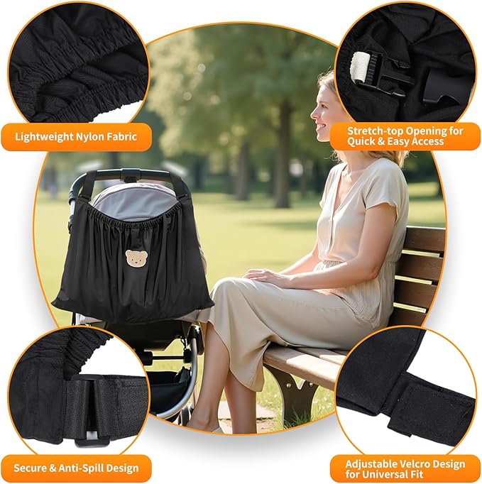 Universal Stroller Organizer, Nylon Stroller Storage Bag for Baby Essentials, Large Capacity Stroller Organizer Bag with Hook & Loop, Cargo Bag for Umbrella & Pet Stroller Accessories (Black Bear)