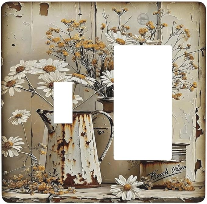 Rustic Flowers Daisy Floral White Wooden Planks Outlet Covers 1 Toggle 1 Rocker Combination Decorative Wall Plate Electrical Switch Plates Light Switch Cover Plate for Farmhouse Home Decor