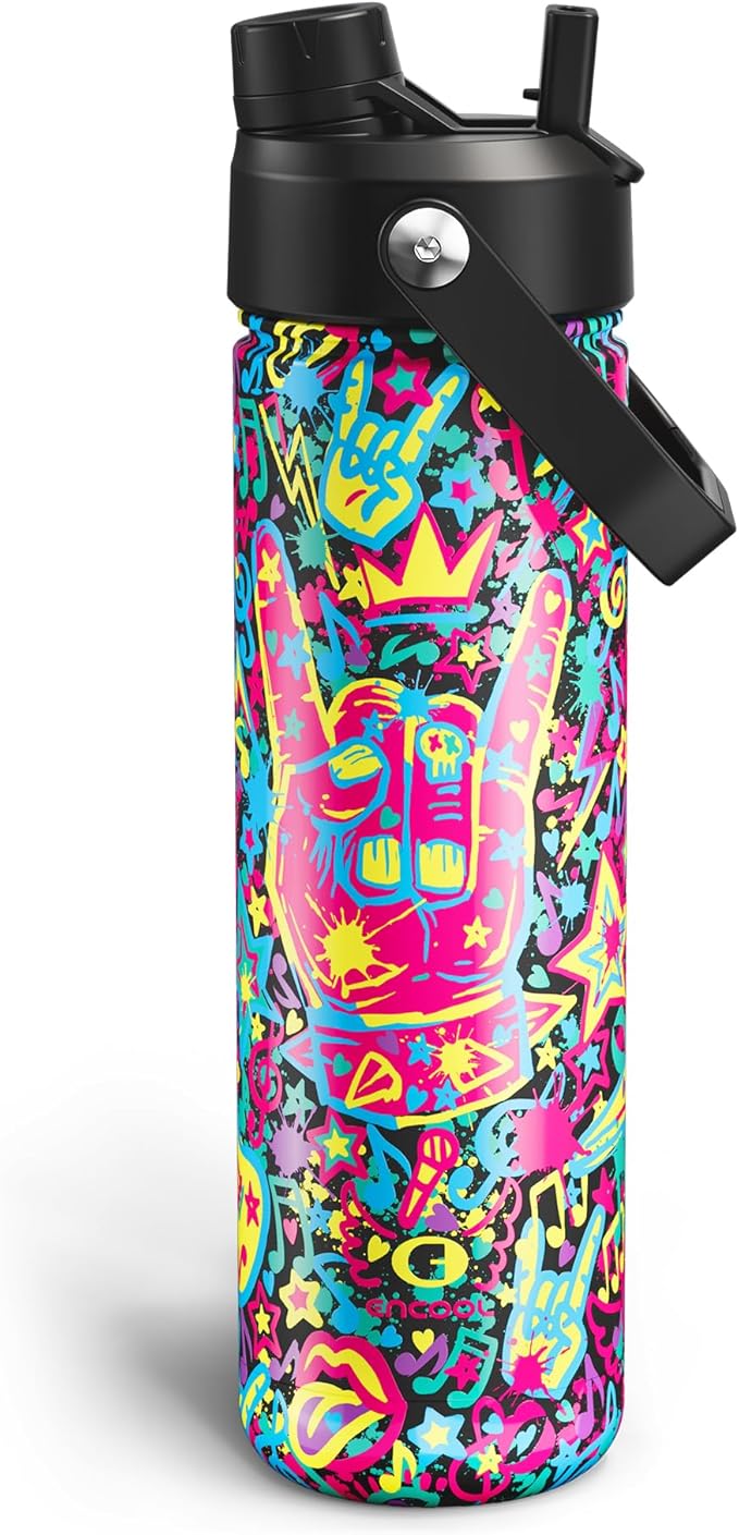 ENCOOL Insulated Water Bottle with Straw Stainless Steel Water Bottle, Leak-Proof, BPA-Free, Double Wall Vacuum Keeps Cold for 24 Hours for Sports, Travel, School (26 oz, Graffiti Crown)