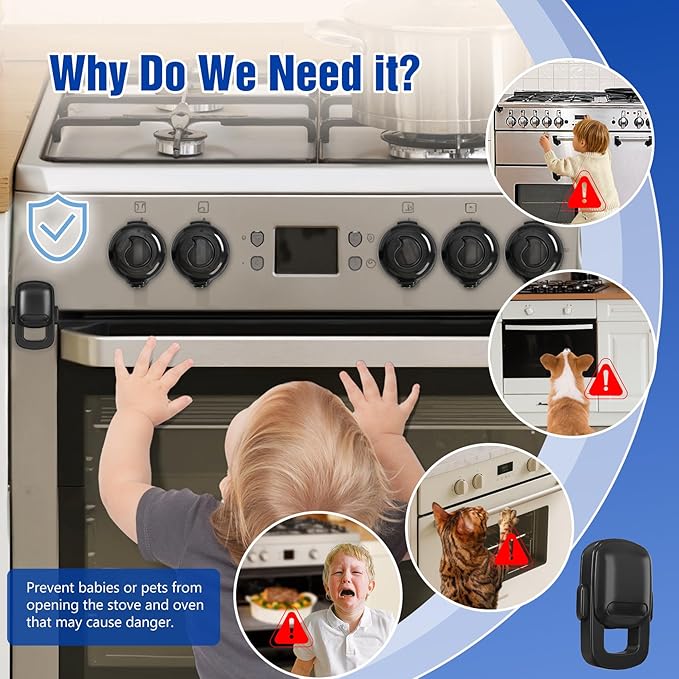 Stove Knob Safety Covers for Child (5 + 1 Pack), Upgraded Universal Size Press Gas Stove Knob Covers with Adhesive, Heat-Resistant Childproof Oven Locks for Kids and Pets (Black)