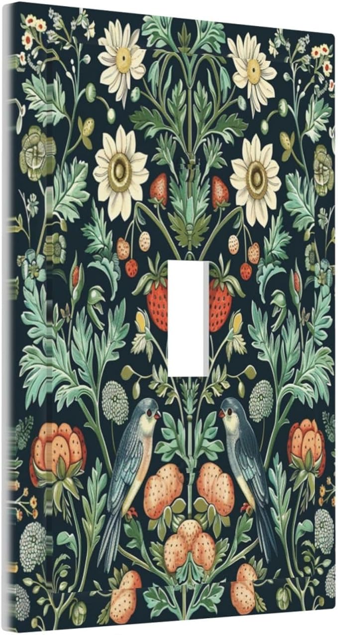 Light Switch Cover Plate Strawberry Birds Flowers Plant Morris Floral 1 Gang Single Toggle Decorative Switch Plates Wall Plates Electrical Faceplate for Bathroom Bedroom Decor