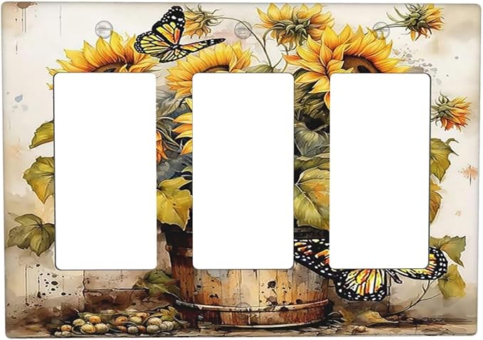 Light Switch Covers Rustic Vintage Sunflower Bouquet Butterfly 3 Gang Rocker Electrical GFCI Decorative Triple Outlet Wall Plate Cover Switchplate for Farmhouse Cabin Decor