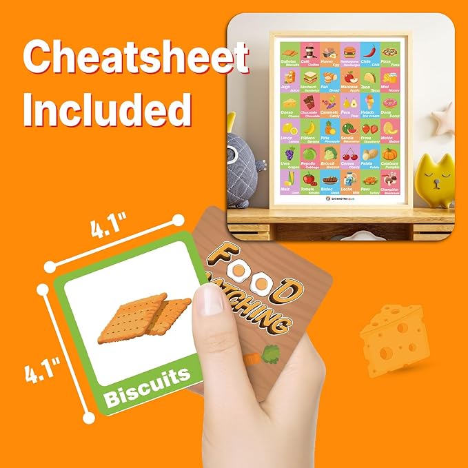 72 (36 Pairs) Spanish English Bilingual Food Fruit Memory Matching Game with Overview Poster and Online Audio Language Learning Games for Kids -Early Education ESL and Language Immersion