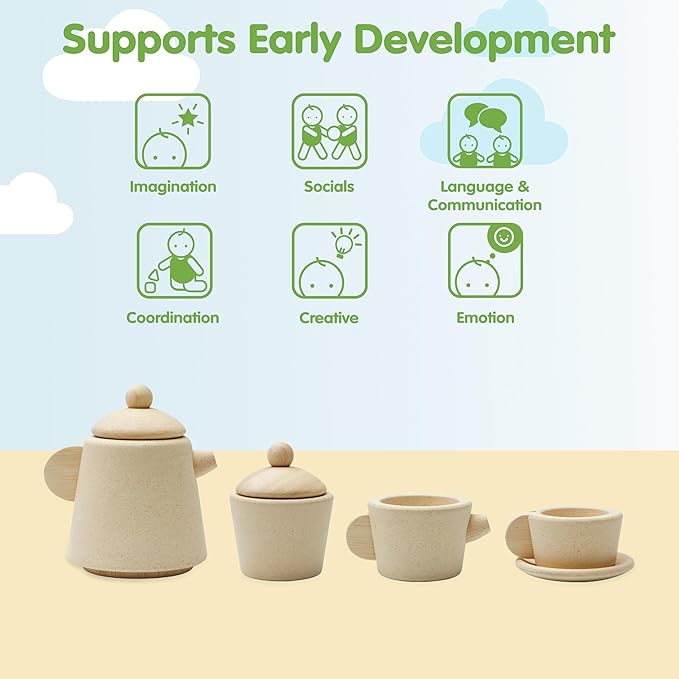 PlanToys® Wooden Tea Set for Montessori Inspired Pretend Play | Social Interaction, Language and Imaginative Role Play | Eco Friendly Wooden Tea Party Set for Creative Learning