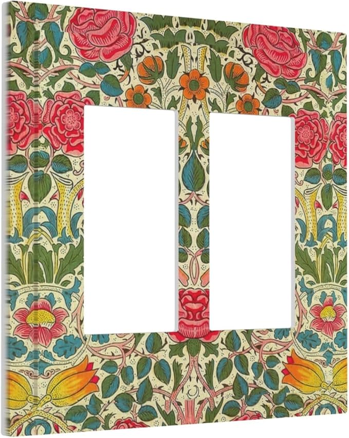 William Morris Roses Floral Double Rocker Light Switch Cover Plate VintageTulip Flower Plant Bird 2 Gang Outlet Covers Switchplates Decorative Electrical Faceplate for Bedroom Kitchen Décor