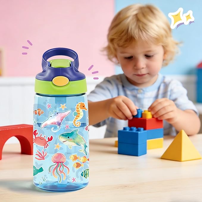 14oz Cute Marine life Kids Water Bottle with Straw Lid - Cartoon Water Bottles for Kids, Leakproof, Lightweight, Durable Plastic Bottles for School, Pop-Up Straw Cover, Gift Cup for Girls Boys(Sea)