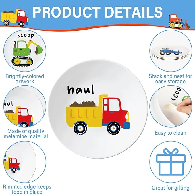 4 Set 10 Inch Construction Truck Plates Melamine Construction Truck Dinnerware Set Reusable Baby Shower Vehicle Melamine Plate Dishwasher Safe for Toddlers Creatively Drop Resistant Cute Plastic Dish