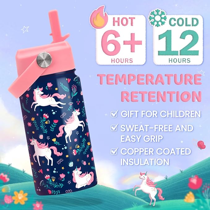 Unicorn Water Bottle - Kids Water Bottle Straw Lid - Insulated 12 Oz Stainless Steel Water Bottles for Kid Girl - Travel Cup for School Sports