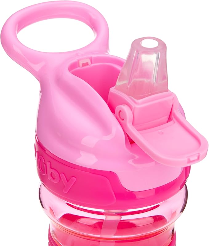 Nuby Thirsty Kids Push Button Flip-it Soft Spout on The Go Water Bottle with Easy Grip Band, Pink Rainbows, 12 Ounce