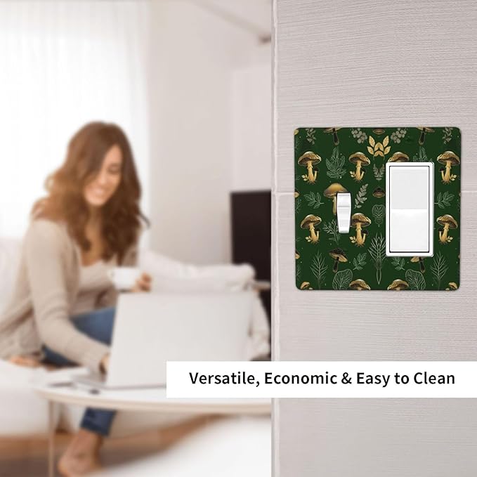 Decorative Outlet Covers Cute Gold Mushtroom Green Plant Leaf 2 Gang Light Switch Cover Plate Single Toggle 1 Rocker Wall Plates for Electrical Outlets Switch Plate Covers for Home Decor
