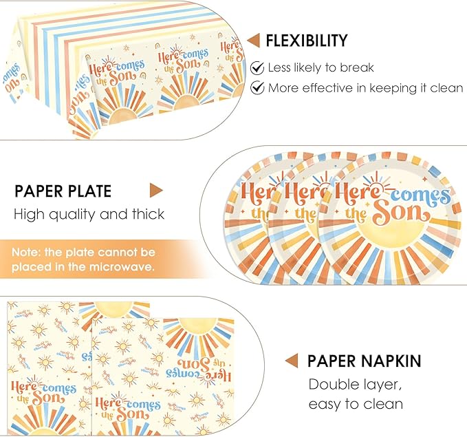 Here Comes The Son Baby Shower Decorations,Boho First Trip Around The Sun Party Supplies,Disposable Dessert Plate,Napkin,Tablecloth for It's A Boy Gender Reveal,Sun You Are My Sunshine Baby Shower