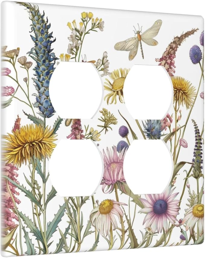 Decorative Outlet Covers Botanical Wildflowers Dragonfly Colorful Floral 2 Gang Decorative Switch Plate Double Duplex Wall Plates Switch Plates and Outlet Covers for Bathroom Bedroom Decor
