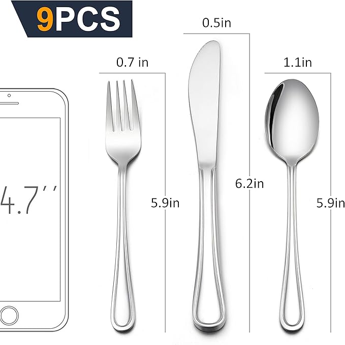 LIANYU 9-Piece Kids Silverware Set, Stainless Steel Toddler Utensils Flatware Set, Child Cutlery Tableware for 3, Include Knife Fork Spoon, Mirror Finished, Dishwasher Safe