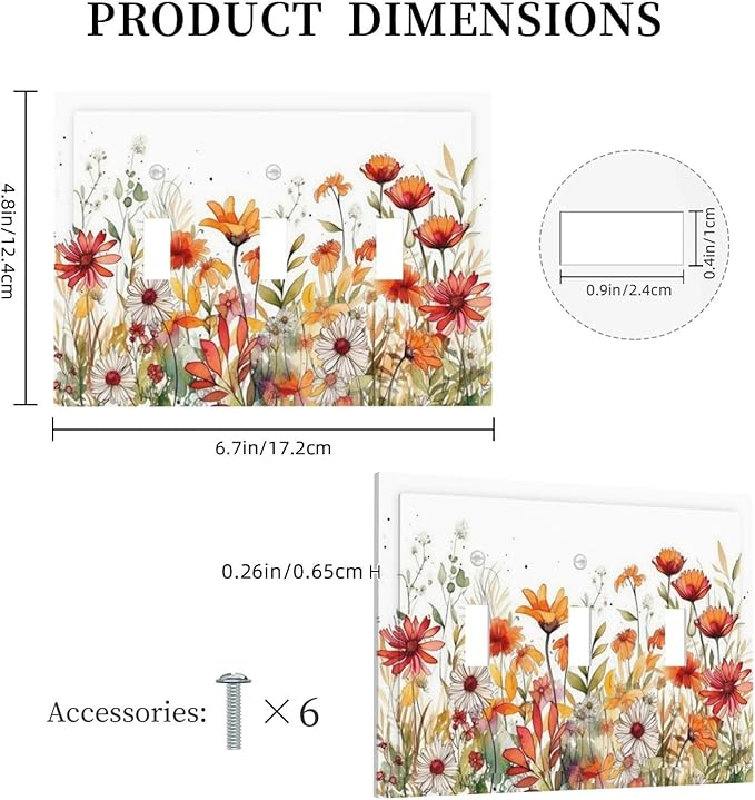 Watercolor Wild Flower Floral Daisy Plant Decorative Switch Plates 3 Gang Wall Plate Triple Toggle Light Switch Cover Faceplate Electrical Wall Panels for Bedroom Living Room Decor