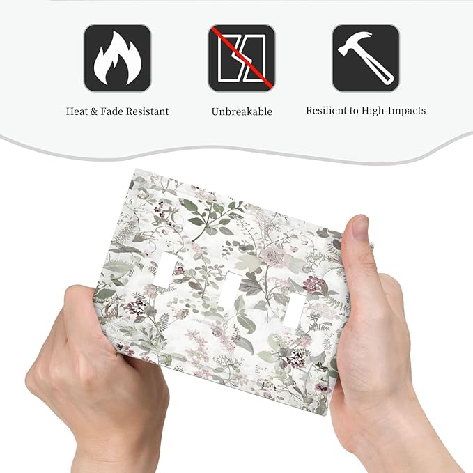 Boho Floral Leaf Vintage Watercolor Flower Decorative Switch Plates 3 Gang Wall Plate Triple Toggle Light Switch Cover Faceplate Electrical Wall Panels for Farmhouse Bedroom Decor