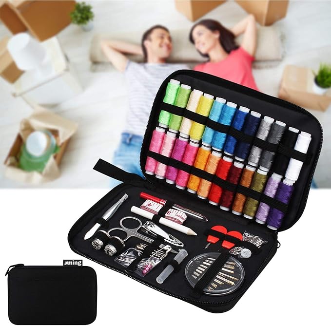 JUNING Sewing Kit with Case, 130 pcs Sewing Supplies for for Mom Grandma Women Men Home Travel and Emergency, Contains 24 Spools Threads, Sewing Needles, Scissors, Thimble, Measuring Tape and More