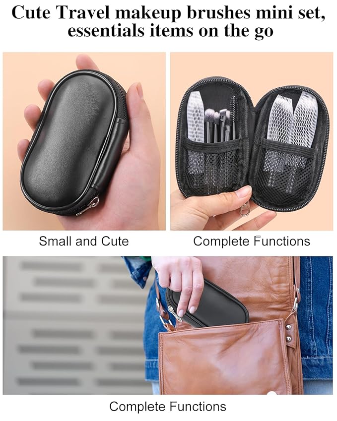 PGRODE Mini Travel Makeup Brushes Portable Set, 14 Pieces, Full Complete Function Cosmetic Kit with Brush Pouch, On the Go Short Makeup Brush Small Travel Essentials for Women, Girls (Black)