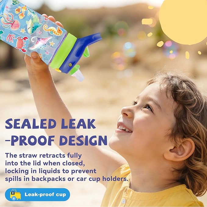 14oz Cute Marine life Kids Water Bottle with Straw Lid - Cartoon Water Bottles for Kids, Leakproof, Lightweight, Durable Plastic Bottles for School, Pop-Up Straw Cover, Gift Cup for Girls Boys(Sea)