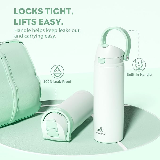 POWCAN 24 oz Vacuum Water Bottle for Office: Spill Proof Lid with Straw, Lightweight, Double Walled, BPA-Free, Insulated Stainless Steel Flask for College, Travel, Sport, Daily Use, Gift (Mint Green)