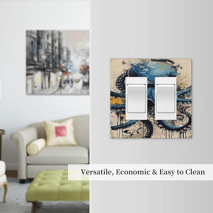 Decorative Outlet Covers Nautical Vintage Blue Octopus Yellow Eyes Oil Watercolor 2 Gang Double GFCI Rocker Electrical Wall Panels Light Switch Cover Plate for Kids room Nursery Decor