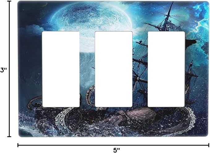 Moon Ocean Nautical Octopus 3 Gang Triple Rocker/Decora Light Switch Wall Plate Cover Decorative Electrical Faceplate Switchplate for Bathroom Living Room Decor