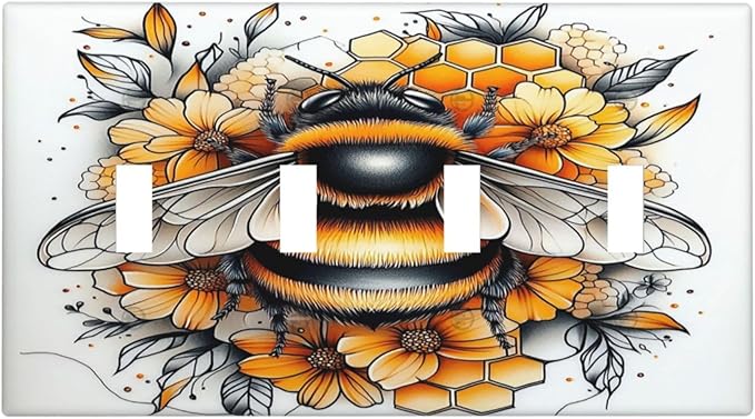 Light Switch Covers Bee Honeycomb Flowers Plant Leaves Quad Toggle Electrical Faceplate 4 Gang Wall Plate Decorative Switch Plates For Nursery Kids Room Decor