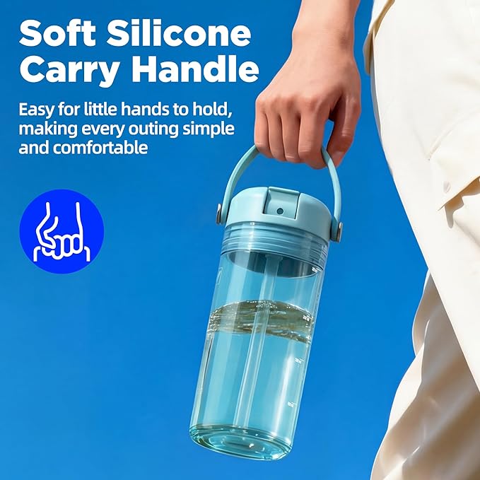12oz Kids Water Bottle with Straw, BPA Free Thick Tritan Plastic Reusable, Clear Water Bottle, Leakproof Lid, Dishwasher Safe for School, Travel, Cool Mint Blue