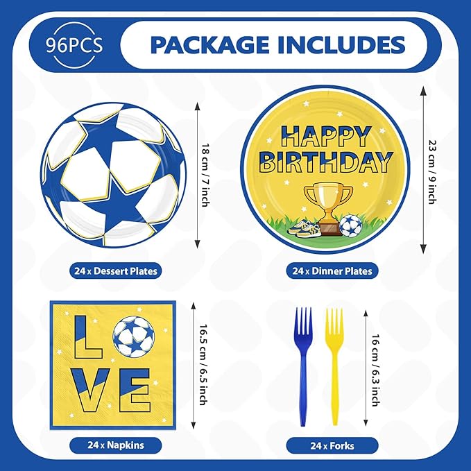 96Pcs Soccer Birthday Party Supplies Blue Yellow Football Plates and Napkins Blue Gold Soccer Star Champion Tableware Set for Football Fan Birthday Baby Shower Sport Party Supplies Serves 24