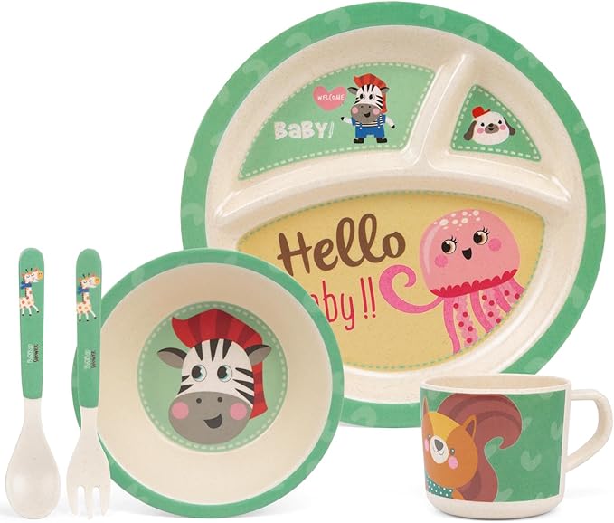 Kids Dinnerware Set, 5-Piece Mealtime Tableware for Children & Toddlers – Includes Divided Plate, Bowl, Cup, Fork & Spoon – Natural Bamboo Fiber, BPA-Free, Dishwasher Safe (Zebra)