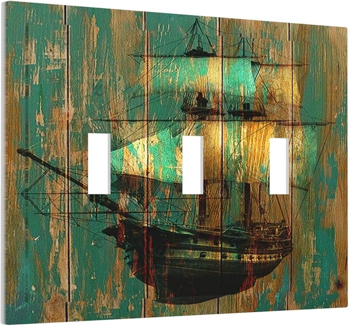 Decorative Switch Plates Rustic Green Wood Grain Sailboat 3 Gang Wall Plate Faceplate Triple Toggle Light Switch Cover Electrical Wall Panels for Farmhouse Bedroom Decor
