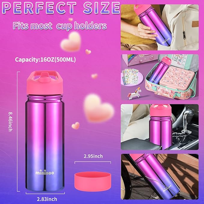 Mininoo Kids Water Bottle, Girls Water Bottles for School, 16oz Stainless Steel Metal Water Bottle with Straw Lid