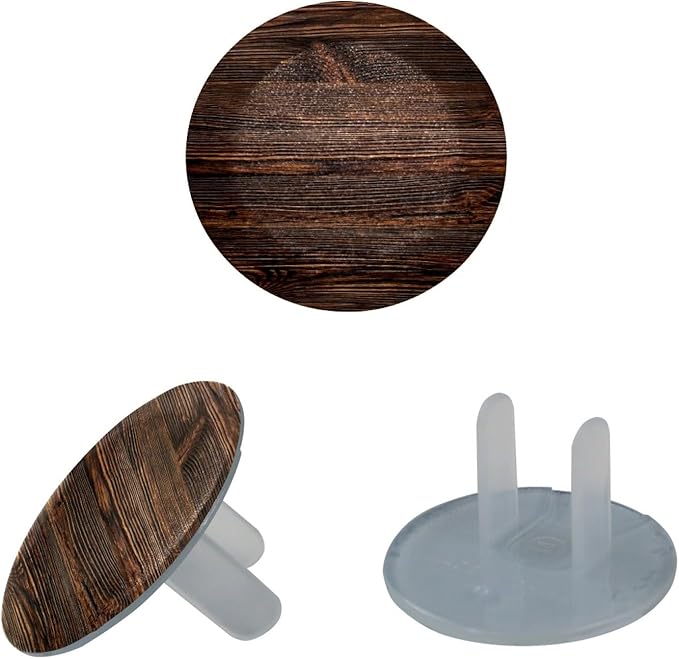 Vintage Brown Wood 12 Packs Outlet Covers Child Proof Plug Protector, Safety Outlet Plugs Covers, 2-Prong Wall Socket Protection Caps, Round Electrical Wall Receptacle for Home Office