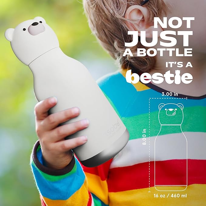 asobu Bestie Bottle Insulated Stainless Steel Water Bottle with Detachable Soft Animal Head Fun Drinking For Kids and Teens with Flexible Reusable Straw 16 Ounce (Bear)