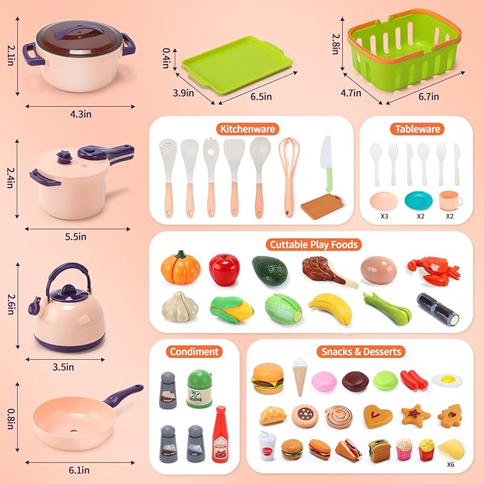 CUTE STONE 70+ PCS Kids Play Kitchen Accessories, Pretend Cooking Toys with Peelable & Cuttable Play Food, Cookware, Tableware & Utensils, Shopping Basket, Tray, Educational Gift for Girls & Boys