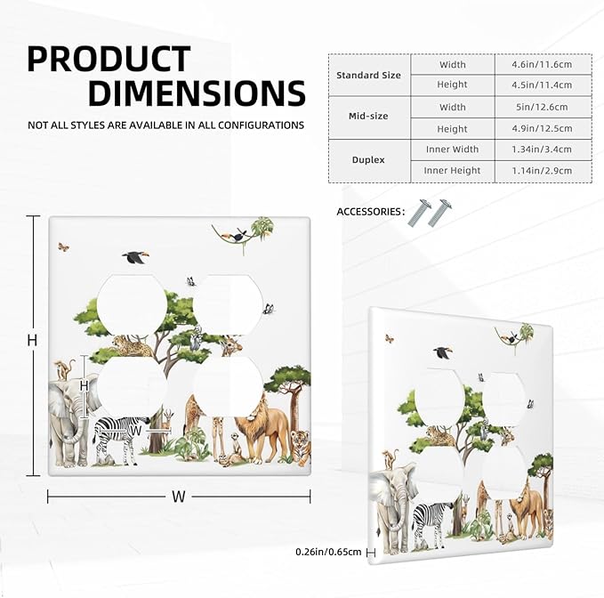 Large Animals Elephant Giraffe Jungle Lion Leopard Zebra Outlet Covers 2 Gang Double Duplex Decorative Light Switch Covers Electrical Wallplates Socket Faceplate for Kids Room Nursery Decor
