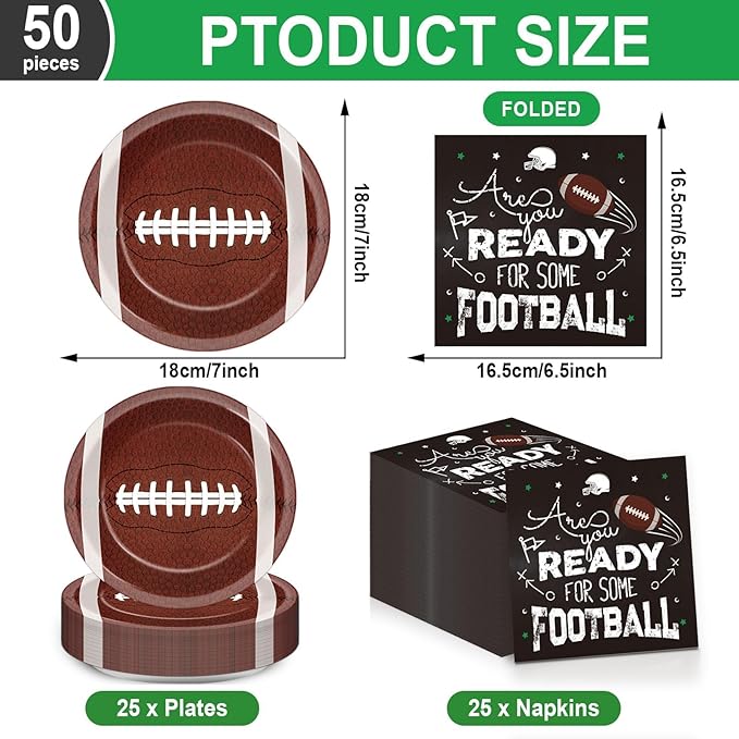 50Pcs Football Party Paper Plates and Napkins Football Dessert Plates Football Theme Party Decorations Super Football Tableware Set Serves 25 Guest Game Day Tailgate Sports Birthday Party Supplies