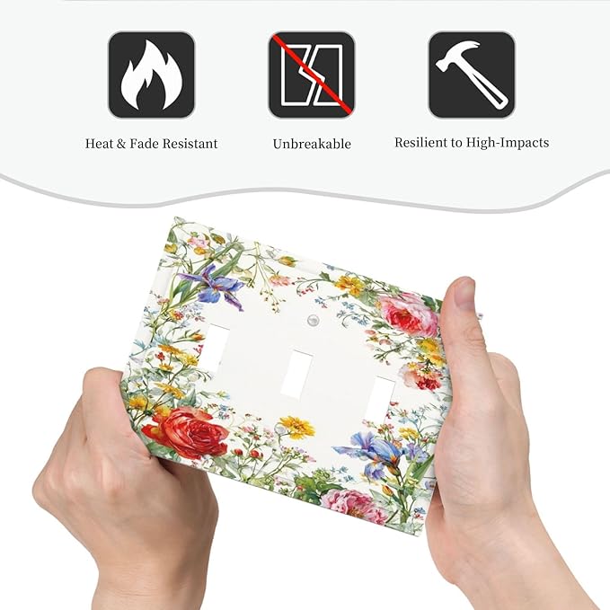 Decorative Light Switch Cover Plate Rustic Red Flower Garden Floral 3 Gang Wall Plates for Electrical Outlets Triple Toggle Switch Plate Covers Outlet Covers Faceplate for Country Home Decor