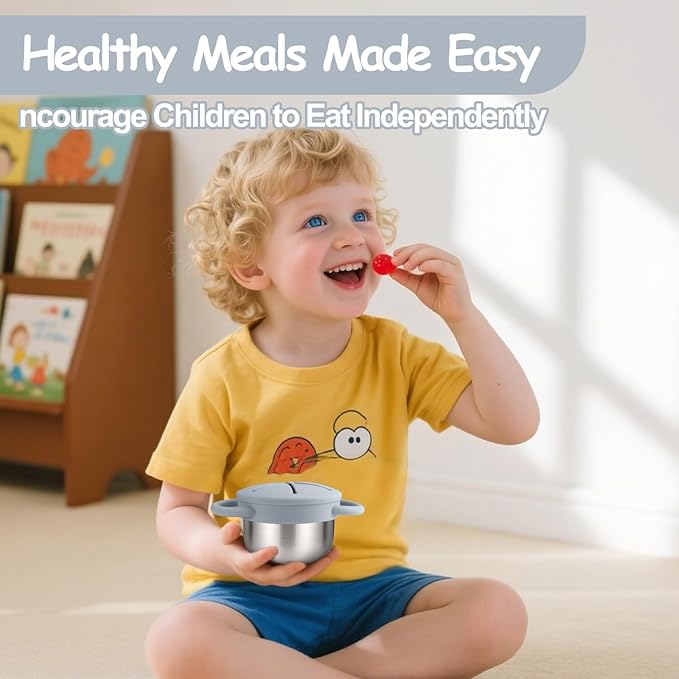 Mity rain Stainless Steel Snack Containers for Toddlers with Spill-Proof Silicone Lids Handles - 3-in-1 Baby Snack Cups, No-Spill Toddler Snack Box (Grey+Grey Purple, Two piece set)