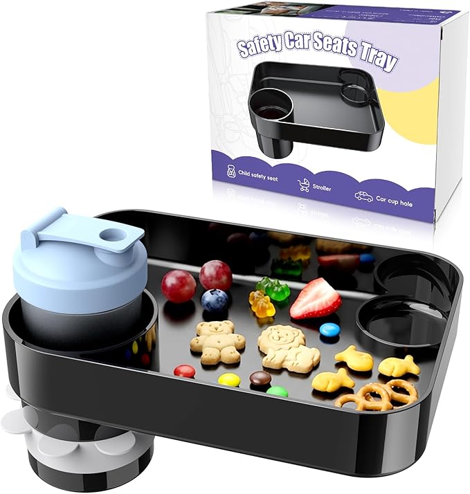 Car Seat Snack Tray for Kids, Mess-Free Square Travel Tray Cup Holder Snack Tray, Durable Car Food Tray for Toddlers, Universal Fit Kids Travel Road Trip Essentials (2Pcs black)
