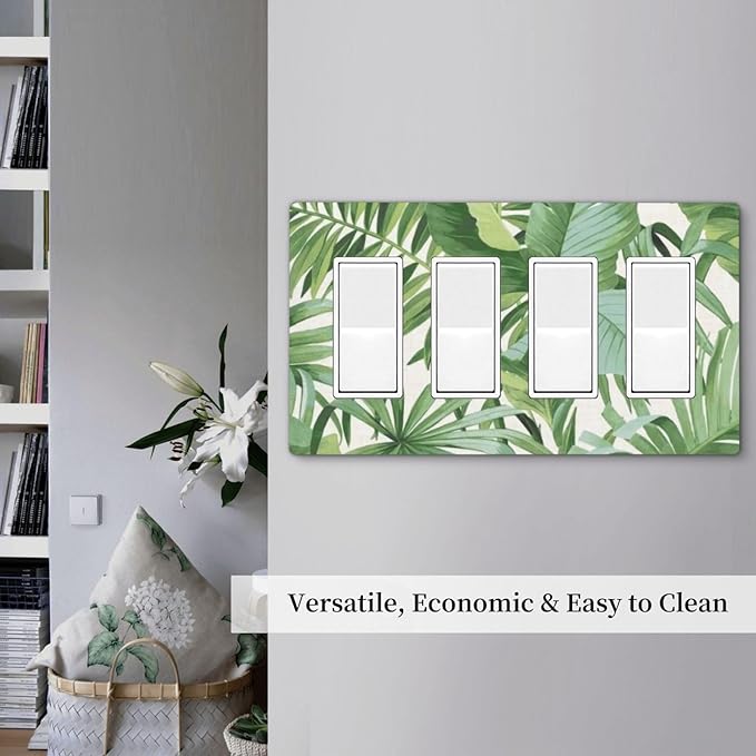 Green Tropical Palm Tree Leaf 4 Gang Quad Rocker/GFCI/Decorator Light Switch Cover Plate Decorative Electric Faceplate Decorative Switchplate Screwless