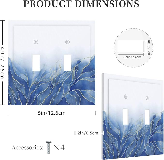 Light Switch Cover Plate Blue Gold Leaf Marble Modern Abstract 2 Gang Double Toggle Decorative Switch Plates Plug Cover Wall Plates Electrical Faceplate for Kitchen Bathroom Decor
