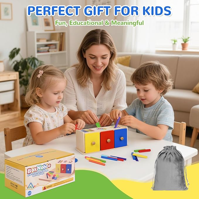 Toddler Montessori Toys, 3-in-1 Wooden Color & Shape Sorting Learning Matching Box Toy for Baby Toddlers 1 2 3 Year Old