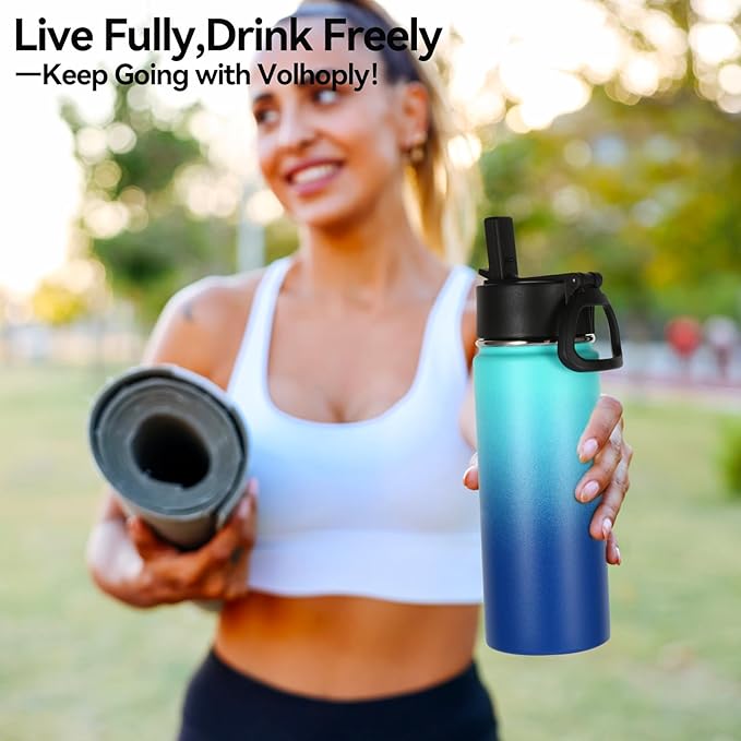Volhoply 16 OZ Kids Water Bottle Bulk 4 Pack,Insulated Sports Bottles with Straw Lid,Stainless Steel Bottle with Handle Keep Cold & Hot,Double Wall Vacuum Tumbler Cups for School(Green Blue, 4)