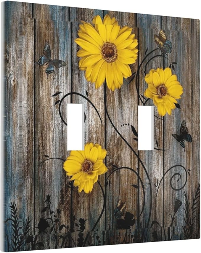 Rustic Barn Sunflower Wooden Daisy Flower Plank Decorative Switch Plates 2 Gang Double Toggle Outlet Light Switch Cover Wall Plate Electrical Faceplate for Farmhouse Home Decor