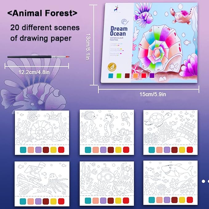 JUNQIU Watercolor Coloring Books for Kids Ages 4-8, Pocket Watercolor Painting Book for Toddlers, Arts and Crafts for Girls Gifts, Stocking Stuffers For Kids