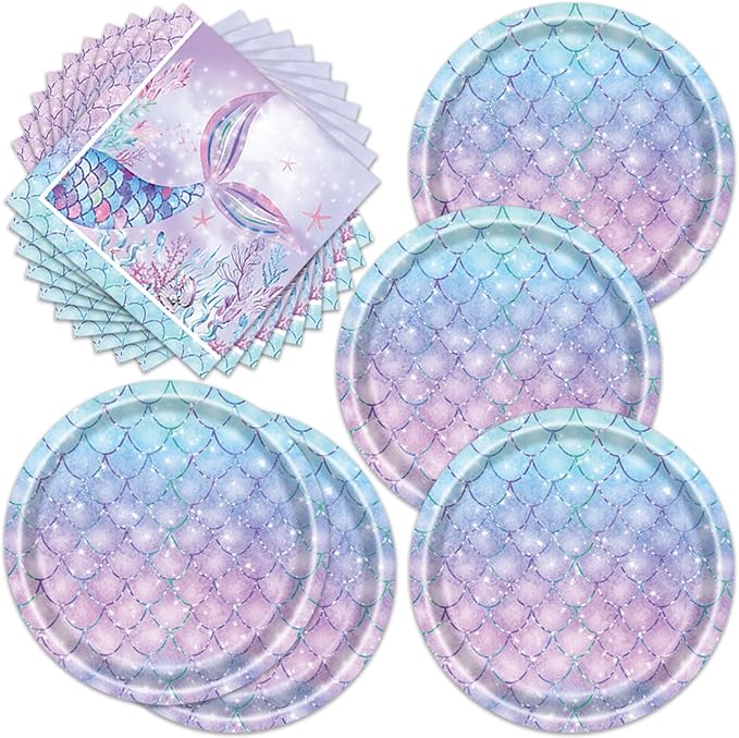 40pcs Mermaid Themed Party Supplies Under the Sea Mermaid Birthday Party Decorations Ocean Party Tableware Set for Girls Baby Shower
