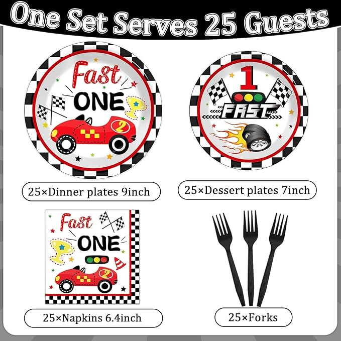 Fast One Birthday Decorations for Boys Racing Car 1st Birthday Party Supplies Fast One Plates Napkins Forks Checked Race Car Disposable Paper Plates Tableware Set for Kids Favors Serve 25